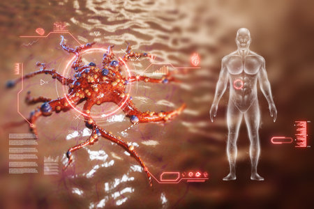 Cancer cell, tumor with metastases close-up, microscope view. Concept of health care, medicine, biology, microbiology, science. 3D render, 3D illustration, copy spaceの写真素材