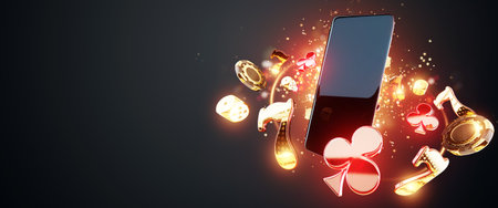 Creative background, casino template, gambling. Casino paraphernalia flying around smartphone, chips dice dice cards. 3D render, 3D illustration, Copy space, templateの写真素材