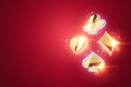 Creative casino background, poster template, gaming design, flyer, banner, website header, advertisement. Golden 3d figures of casino playing cards suits. 3D render, Copy spaceの写真素材
