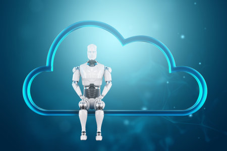 Cloud-based data transfer, storage, and downloading technologies. The robot sits on the digital cloud of the cloud. 3D illustration, 3D renderingの写真素材