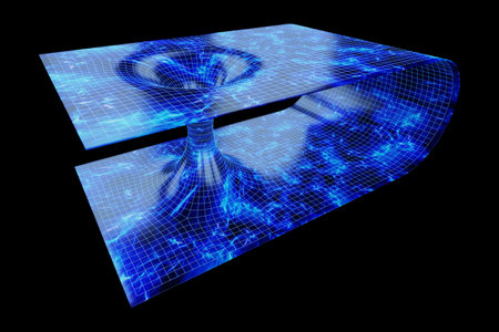 The coiled space of time is connected by a tunnel or wormhole, the Einstein-Rosen Bridge. Science Fiction, space travel, overcoming the speed of light. 3D illustration, 3d rendering, copy spaceの写真素材