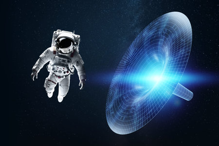 An astronaut against the backdrop of a wormhole in spacetime, the Einstein-Rosen Bridge. Science...