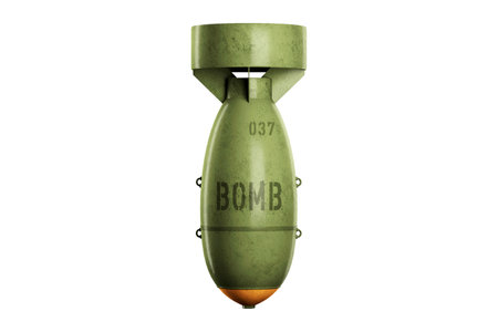 Aerial bomb isolated on white background. Concept war, killing, conflict, politics, bombing. Copy space, 3D illustration 3D renderの写真素材