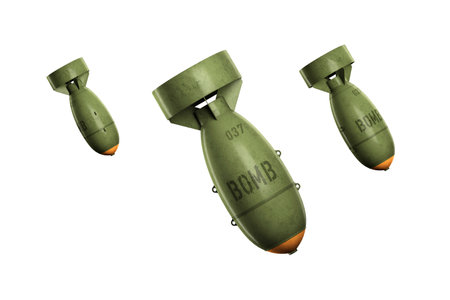 Aerial bomb isolated on white background. Concept war, killing, conflict, politics, bombing. Copy space, 3D illustration 3D renderの写真素材