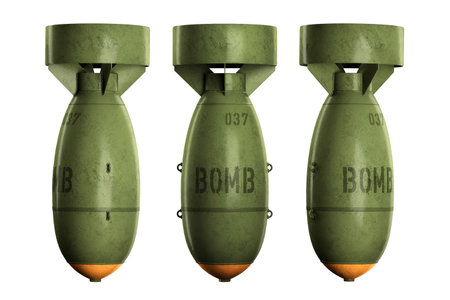 Aerial bomb isolated on white background. Concept war, killing, conflict, politics, bombing. Copy space, 3D illustration 3D renderの写真素材