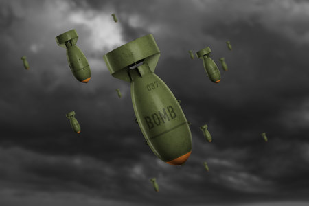 Aircraft bombs flying down on the background of gray glowy clouds. Concept war, killing, conflict,...