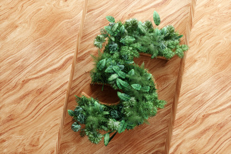Number 5 made of green tropical leaves. Copy space, 3D rendering