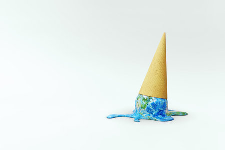 Global warming, planet earth like ice cream melting under the hot sun. rising temperature, melting glaciers. Creative background, modern design, magazine style. Copy space, 3D renderの写真素材