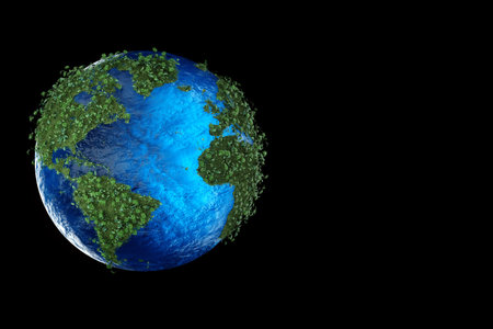 Ecological map of the world consisting of green grass and tropical leaves. Concept of recycling...