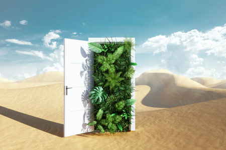 Open door in desert leading to tropical garden, green nature on desert background. Concept ecological crisis, teleport, fresh air, new world, climate change, Copy space, mixed media.の写真素材