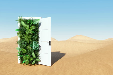 Open door in desert leading to tropical garden, green nature on desert background. Concept ecological crisis, teleport, fresh air, new world, climate change, 3D rendering, Copy space.の写真素材