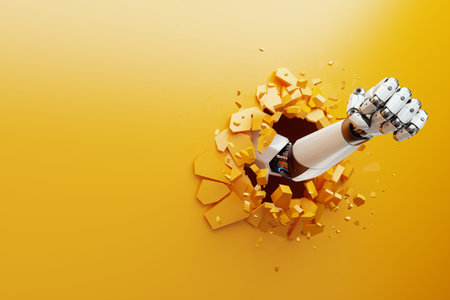 Humanoid robot cybernetic organism hand punching through the wall. Concept Robot of the future,...