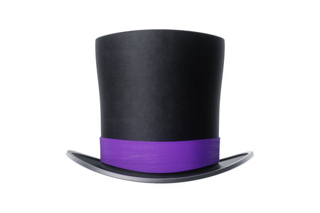 Black cylinder hat with purple stripe isolated on white background. 3D rendering, 3d illustration