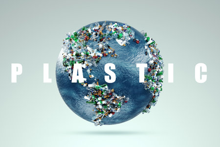 Plastic pollution concept, earth map composed of trash, plastic waste. 3D rendering, Copy space.の写真素材
