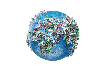 Plastic pollution concept, earth map composed of trash, plastic waste. 3D rendering, Copy space.