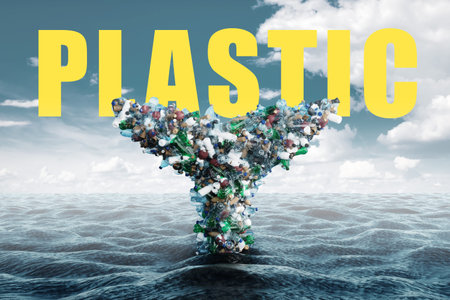 Concept plastic in the ocean, whale tail consisting of plastic bottles and trash sticking out of the...