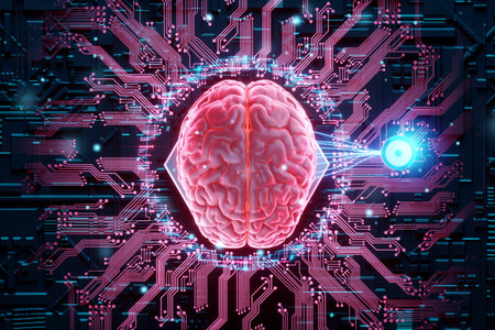 A chip implanted in the brain, neurotechnology, a microprocessor connected electrically to human neurons. Neural networks, biotechnology, biohacking, artificial intelligence. 3D render, copy spaceの写真素材