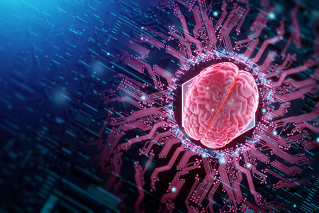 An image of a brain on a dark background and a microchip connected to human neurons. Neural networks, biotechnology. 3D render, copy spaceの写真素材