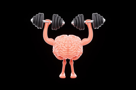 Concept of exercise for the brain, the brain is engaged in lifting dumbbells on a dark background, education, brain power, high IQ. 3D render, copy spaceの写真素材
