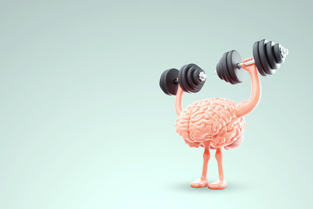 Concept of exercise for the brain, the brain is engaged in lifting dumbbells on a light background,...