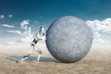 A robot pushes a huge stone against a blue sky. Robots and artificial intelligence are taking jobs, Technology, competition, automation. mixed media, copy spaceの写真素材