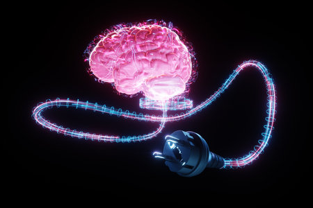 Human brain with socket plug on a light background. The concept is to charge the brain, support the mind, help memory, help for the mental well-being. 3D render, copy spaceの写真素材