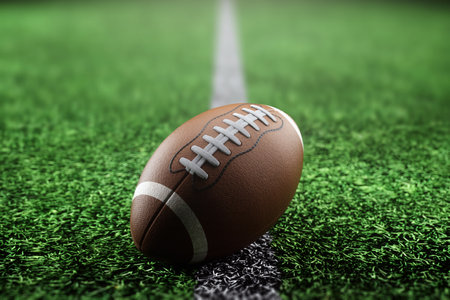 Leather American football ball on the grass of a football field at the stadium. American sport concept, strength, victory. Poster for advertising, design, copy space, mixed mediaの写真素材