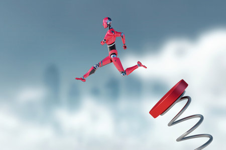 A cyborg robot jumps on a springboard, a spring into the sky. rapid development of technology, progress in robotics, artificial intelligence, evolution, boost. 3D rendererの写真素材