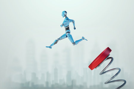 A cyborg robot jumps on a springboard, a spring into the sky. rapid development of technology, progress in robotics, artificial intelligence, evolution, boost. 3D rendererの写真素材