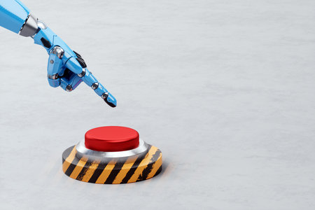 Robot hand pressing red button on white background. 3d renderingの写真素材