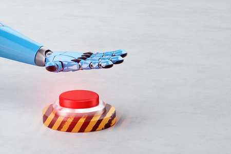 Robot hand pressing button on a white background. 3d renderingの写真素材