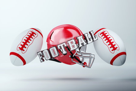 American football ball, helmet on a light background. Playoff games, professional championship. Sport, sports background, wallpaper, collage, poster, Flyer for advertising, design 3D rendererの写真素材