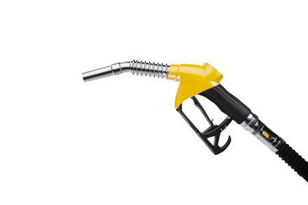 Gas station pistol isolated on light background, gas station fuel pump. Concept of fuel, increase in prices for gasoline and diesel fuel, oil production. 3D rendering, copy space.の写真素材