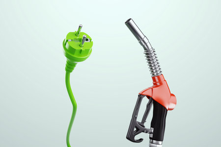 Electricity versus combustible fuel. Gas station nozzle and electrical plug. Technology, car costs, electric car vs gasoline car. 3D rendering, copy space.の写真素材