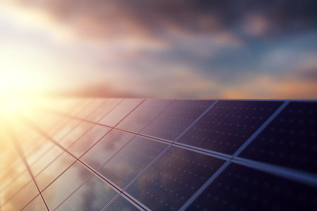 Alternative energy, green energy, solar panels against sunset background, photovoltaic panels, solar...