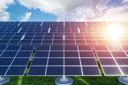 Alternative energy, green energy, solar panels on green grass, photovoltaic panels, solar energy...