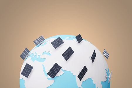 Alternative energy, green energy, solar panels located on planet earth, photovoltaic panels,...