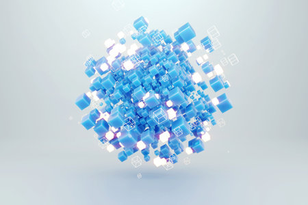 Blockchain technology, big data, neural network blocks, artificial intelligence training. Hi-tech background, technology background, 3D rendering, copy spaceの写真素材