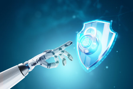 Artificial intelligence, robot, shield and lock with fingerprint hologram, fingerprint scanner. Data protection, cyber security, information security, data privacy. Mixed mediaの写真素材