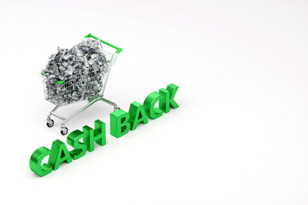 Cash back concept, shopping cart filled with American dollars. 3D renderingの写真素材