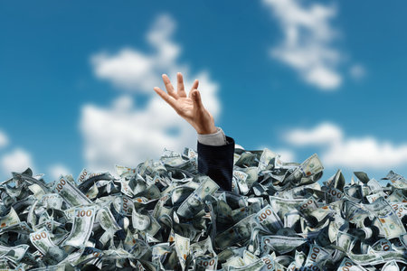 A businessman's hand is sticking out of a pile of dollars. Concept of winning the lottery, inheritance, investment, passive income. mixed mediaの写真素材