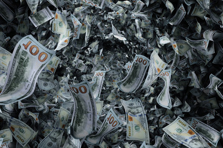 Mountain, pile of dollars on white background, very many paper bills. Concept of winning the lottery, inheritance, investment, passive income. 3D renderingの写真素材
