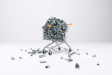 Store cart filled with American dollars, lots of paper bills. 3D renderingの写真素材