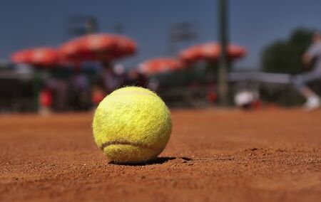 Tennis court with ball, close up.の写真素材