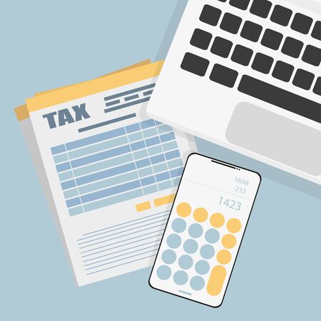 workspace, tax form laptop and phone on the tableのイラスト素材