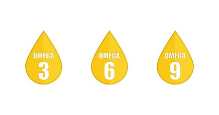 Yellow drop set icons Omega 3 6 9 on white backdrop in flat style. Vector illustrationのイラスト素材