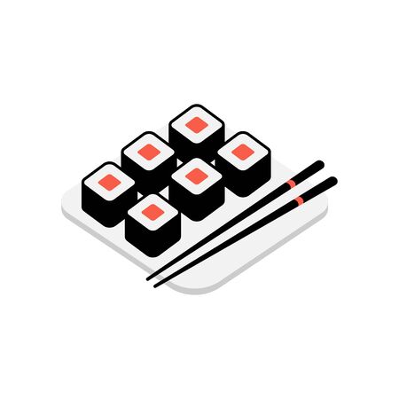Sushi flat in japanese style on red background. Restaurant menu. Isometric vector illustration. のイラスト素材