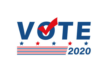 Vote 2020 in USA political poster. Flat patriotic colors banner with slats and checkmark. Voting...