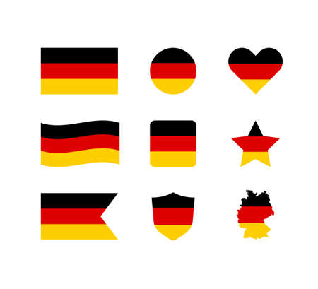 Germany flag set vector icon. National German colors black, red and yellow. Isolated sticker european country map. Isolated illustrationのイラスト素材