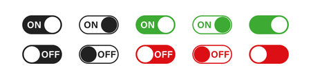 Switch toggle buttons. ON and OFF vector icons set in flat style. App interface slider